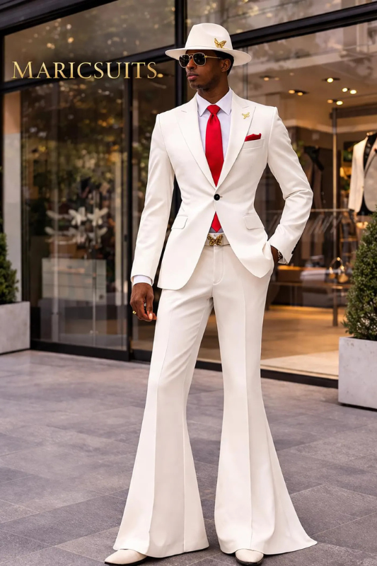 White 70s Retro Prom Suit: Maricsuits Groom Wedding Tuxedo with Flare Pants