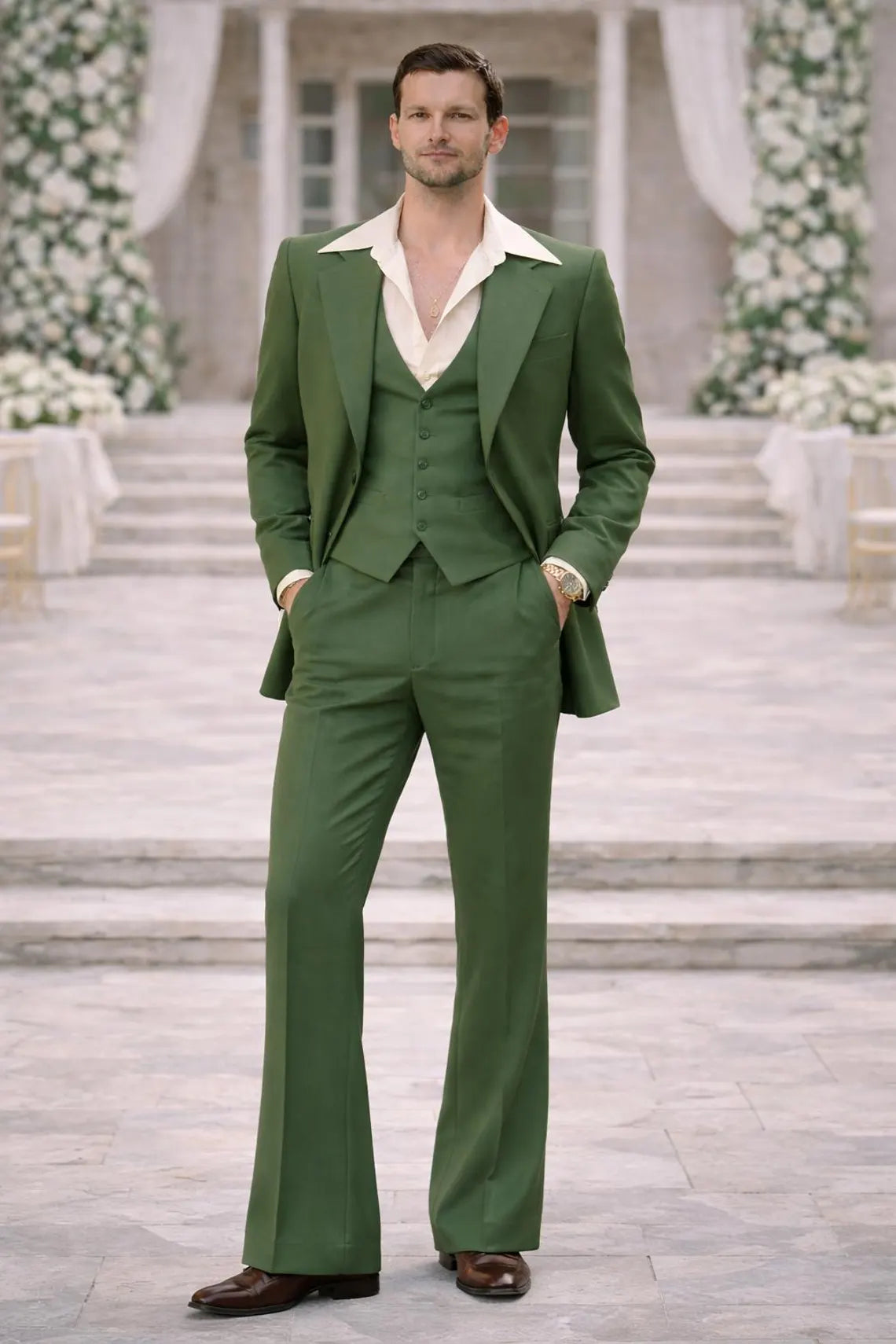 Vintage Inspired Green Suit Mens | 70s Style Flared Trousers | Formal Wedding Suit By Maricsuits