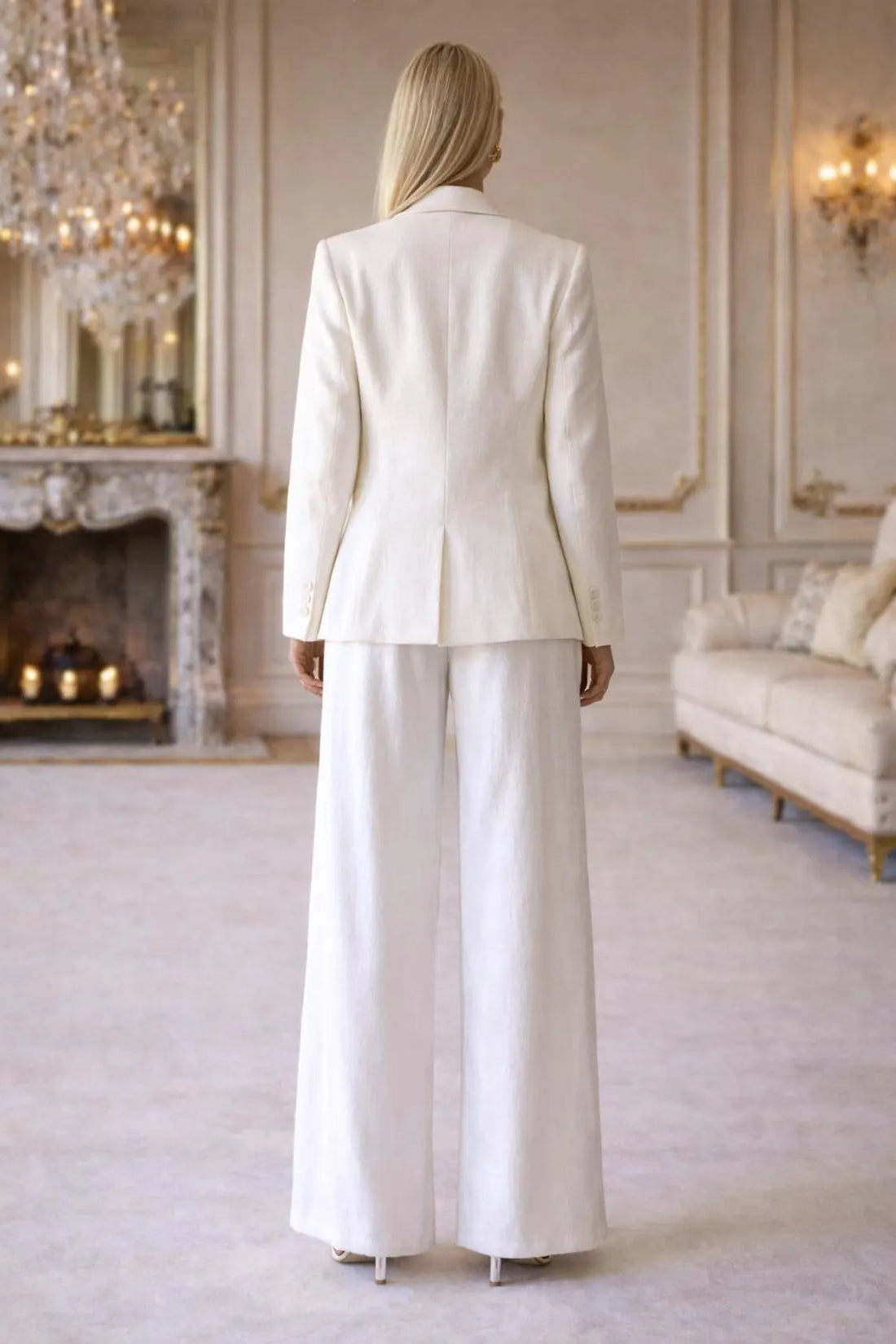 White Linen Pantsuit Women, Elegant Wide Leg Suit Set, Bridal Bridal By Maricsuits