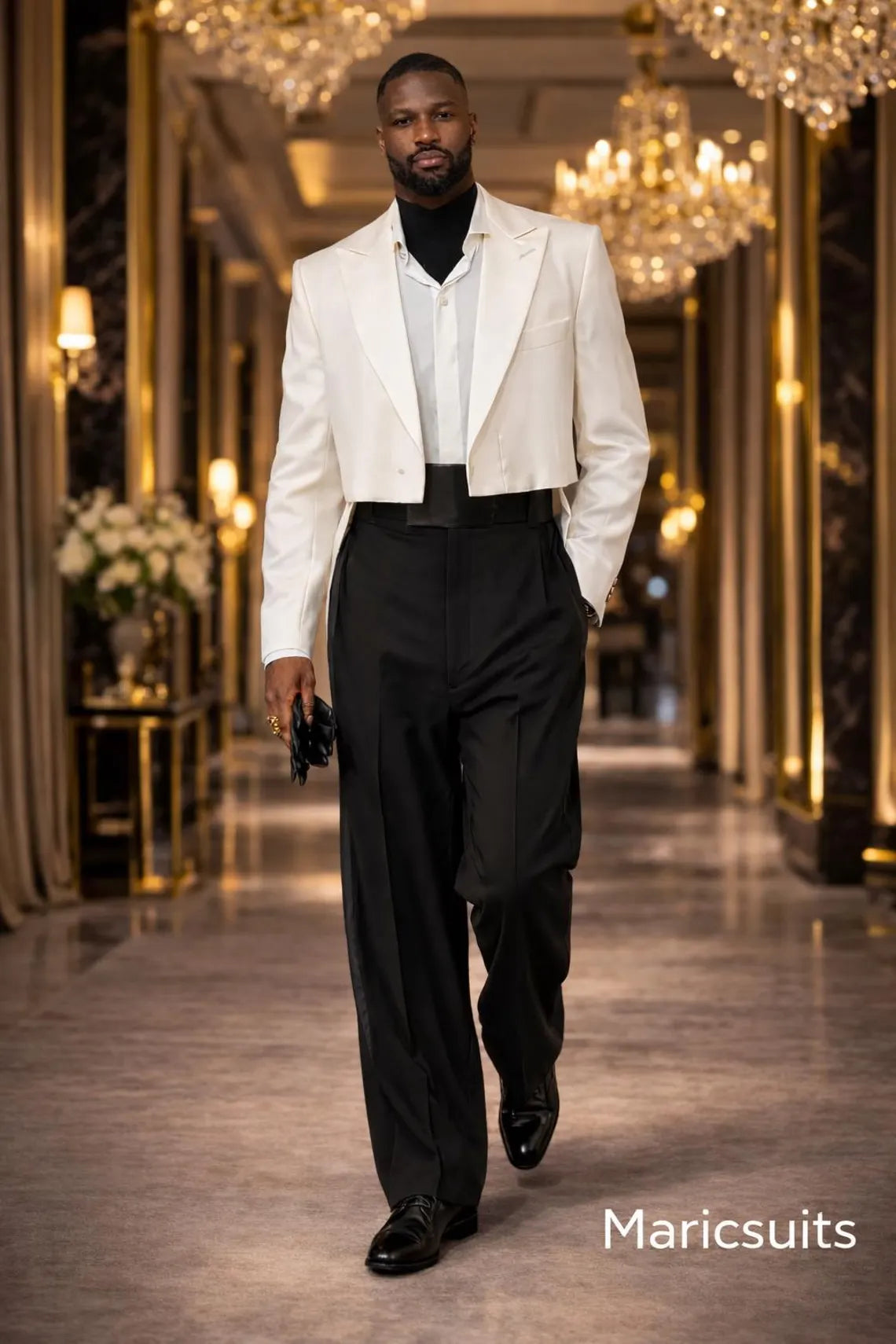 Designer White Cropped Blazer Black Wide Leg Trousers Formal Outfit By Maricsuits