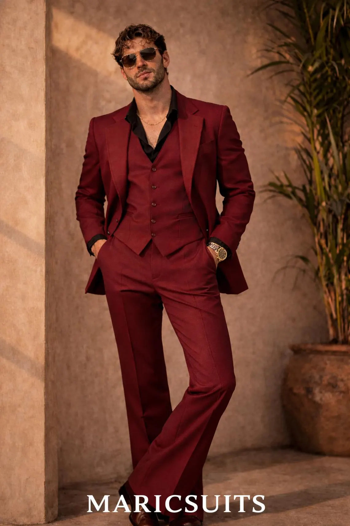 Men’s Burgundy 3 Piece Suit Wedding Party Prom Outfit Retro 70s Style MARICSUITS