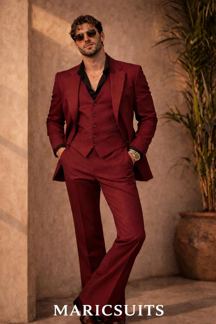 Men’s Burgundy 3 Piece Suit Wedding Party Prom Outfit Retro 70s Style MARICSUITS