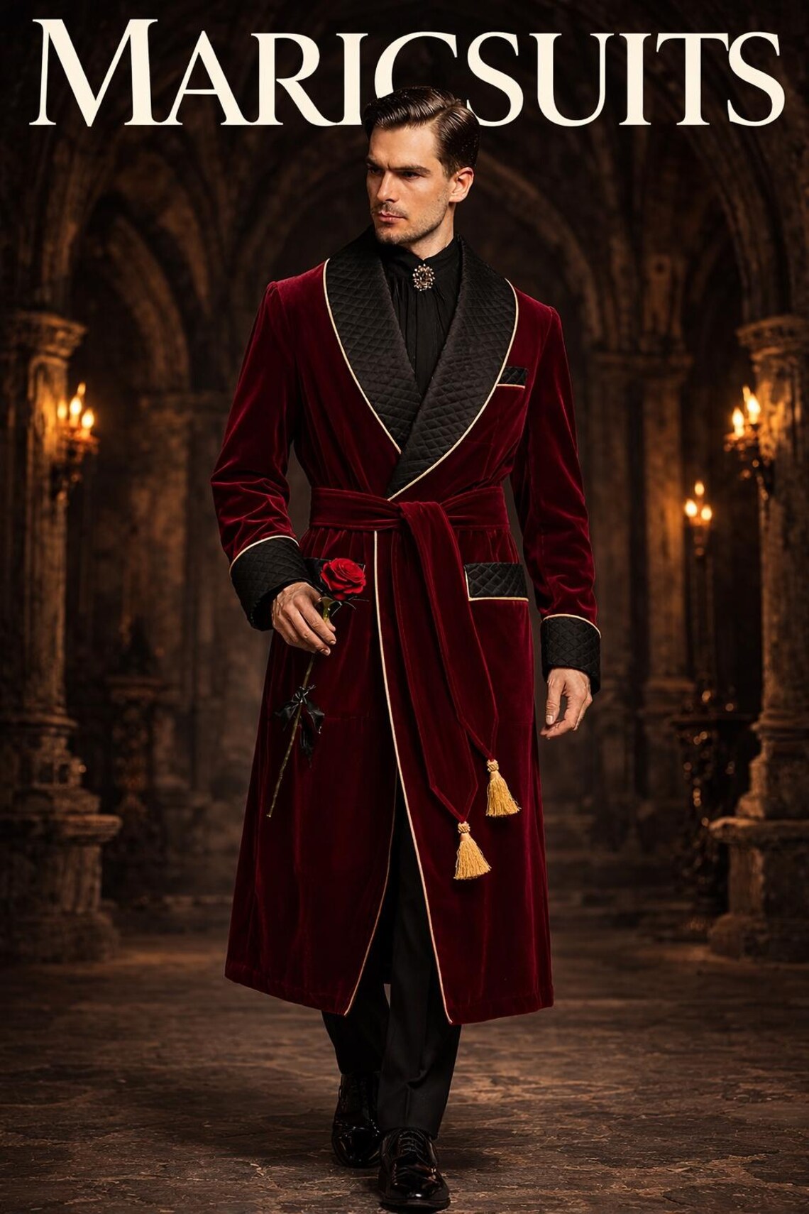 Men’s Velvet Smoking Jacket Burgundy, Royal Victorian Style Long Coat, Belted Velvet Robe Coat, Formal Evening WearBy Maricsuits