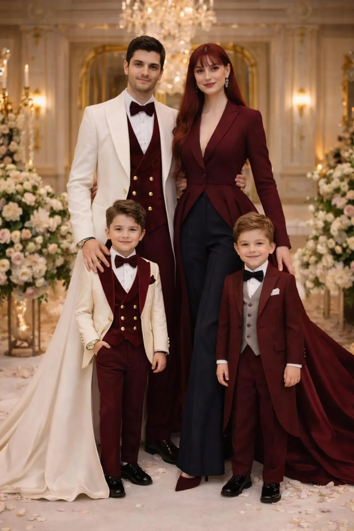 Burgundy Cream Men\'s Wedding Suit, Velvet Waistcoat Tuxedo, Formal Prom Blazer Set