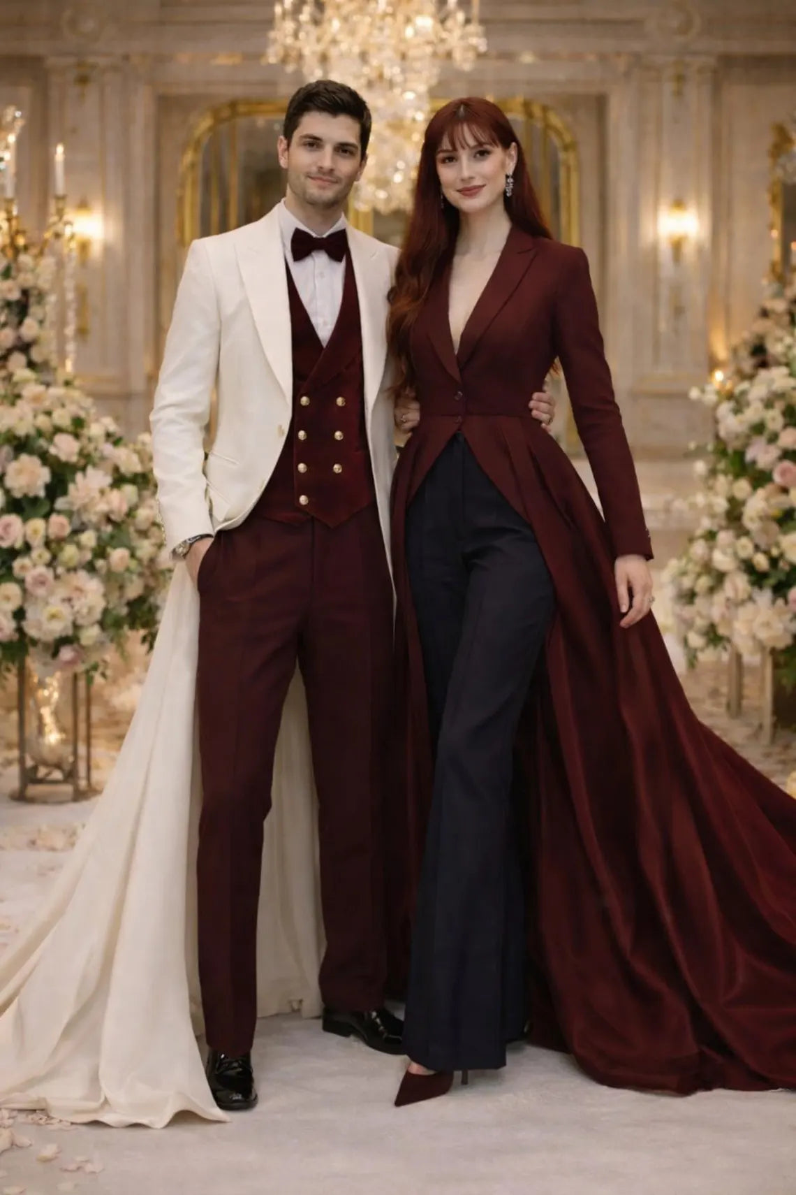 Burgundy Cream Men\'s Wedding Suit, Velvet Waistcoat Tuxedo, Formal Prom Blazer Set