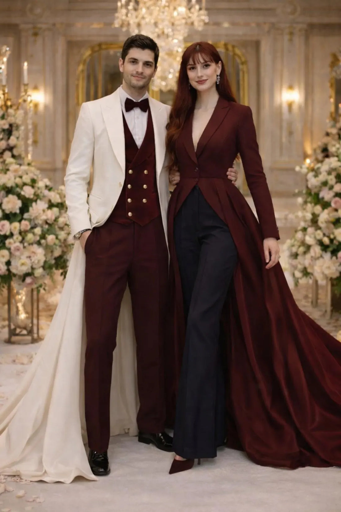 Burgundy Cream Men\'s Wedding Suit, Velvet Waistcoat Tuxedo, Formal Prom Blazer Set
