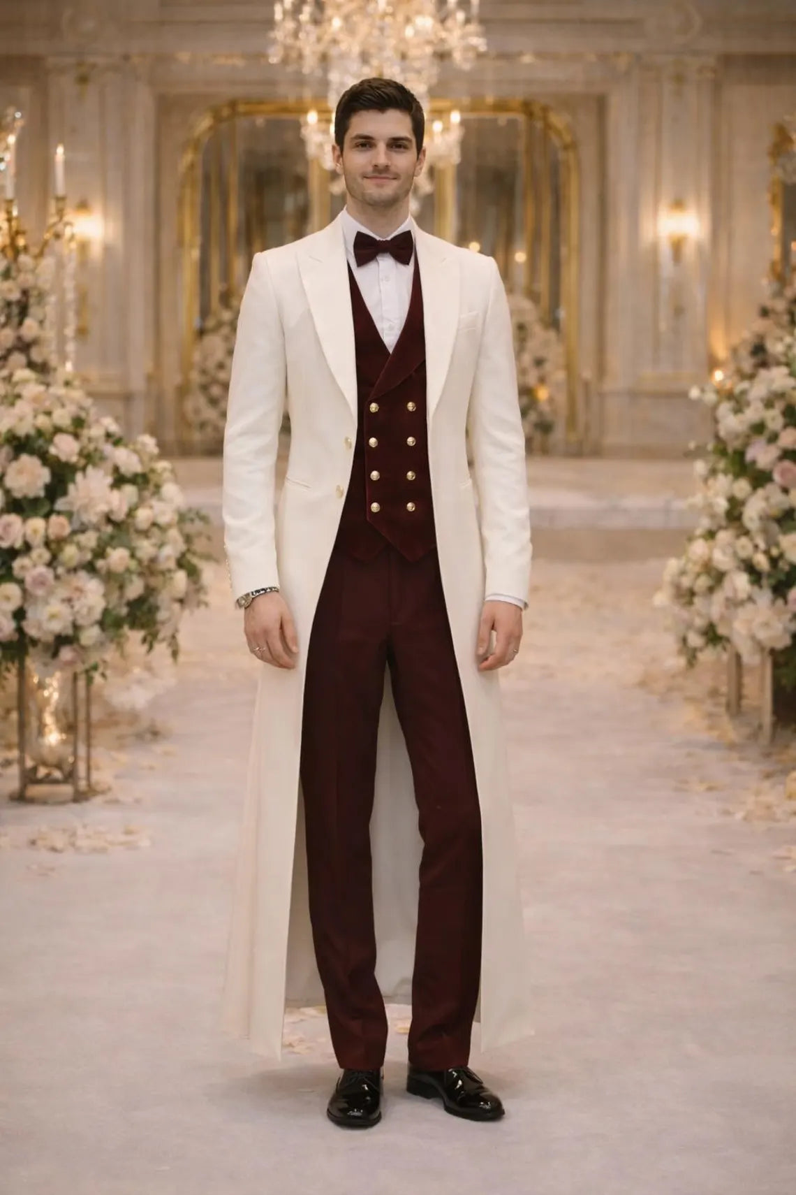 Burgundy Cream Men\'s Wedding Suit, Velvet Waistcoat Tuxedo, Formal Prom Blazer Set