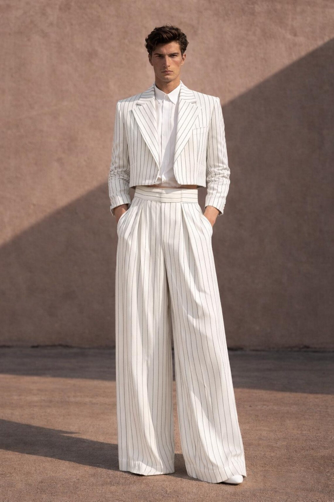 Men’s White Pinstripe Suit Set Wide Leg Pants Cropped Blazer Modern Tailored Outfit