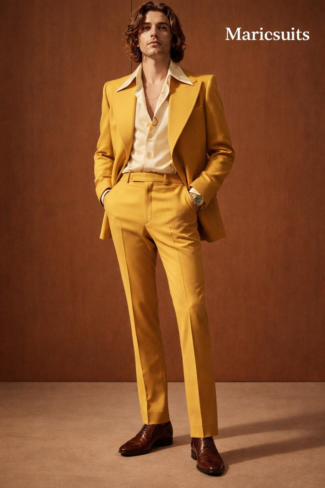 Retro 70s Mens Mustard Yellow Suit Slim Fit Vintage Groom Prom Party Suit