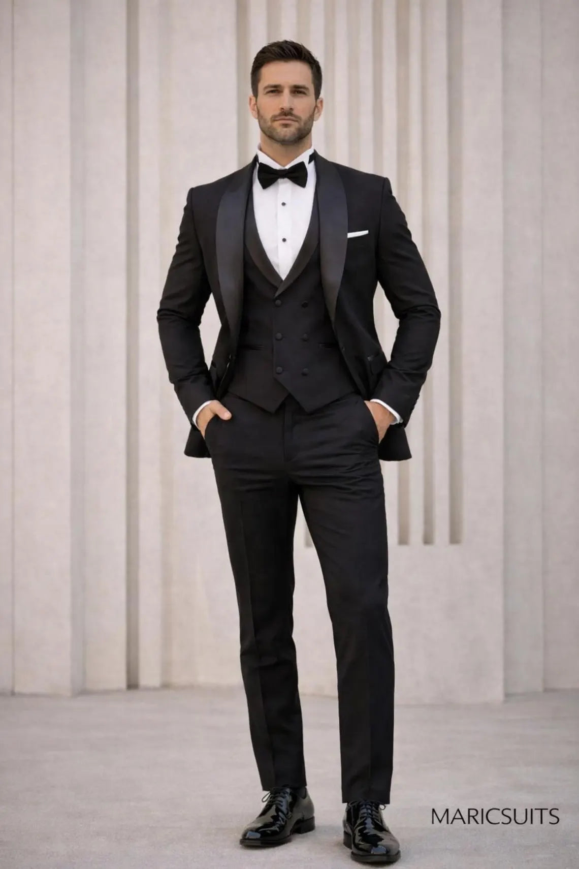 Elegant Mens Black Two'Pice pice Suit Tuxedo Set Bow Tie Formal Wear By Maricsuits