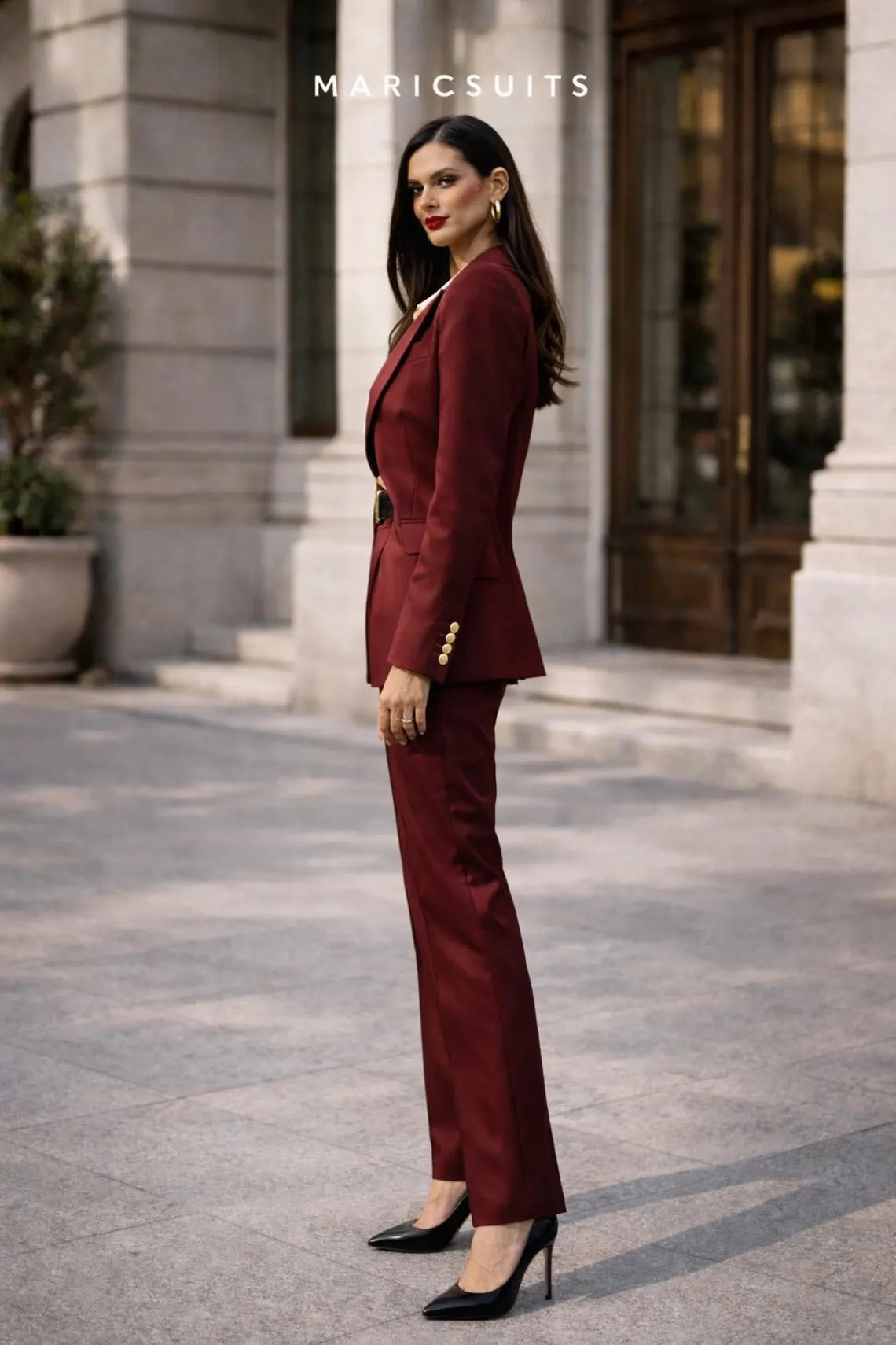 Burgundy Women Pantsuit Set Formal Blazer Trouser Suit Elegant Office Wear Maricsuits