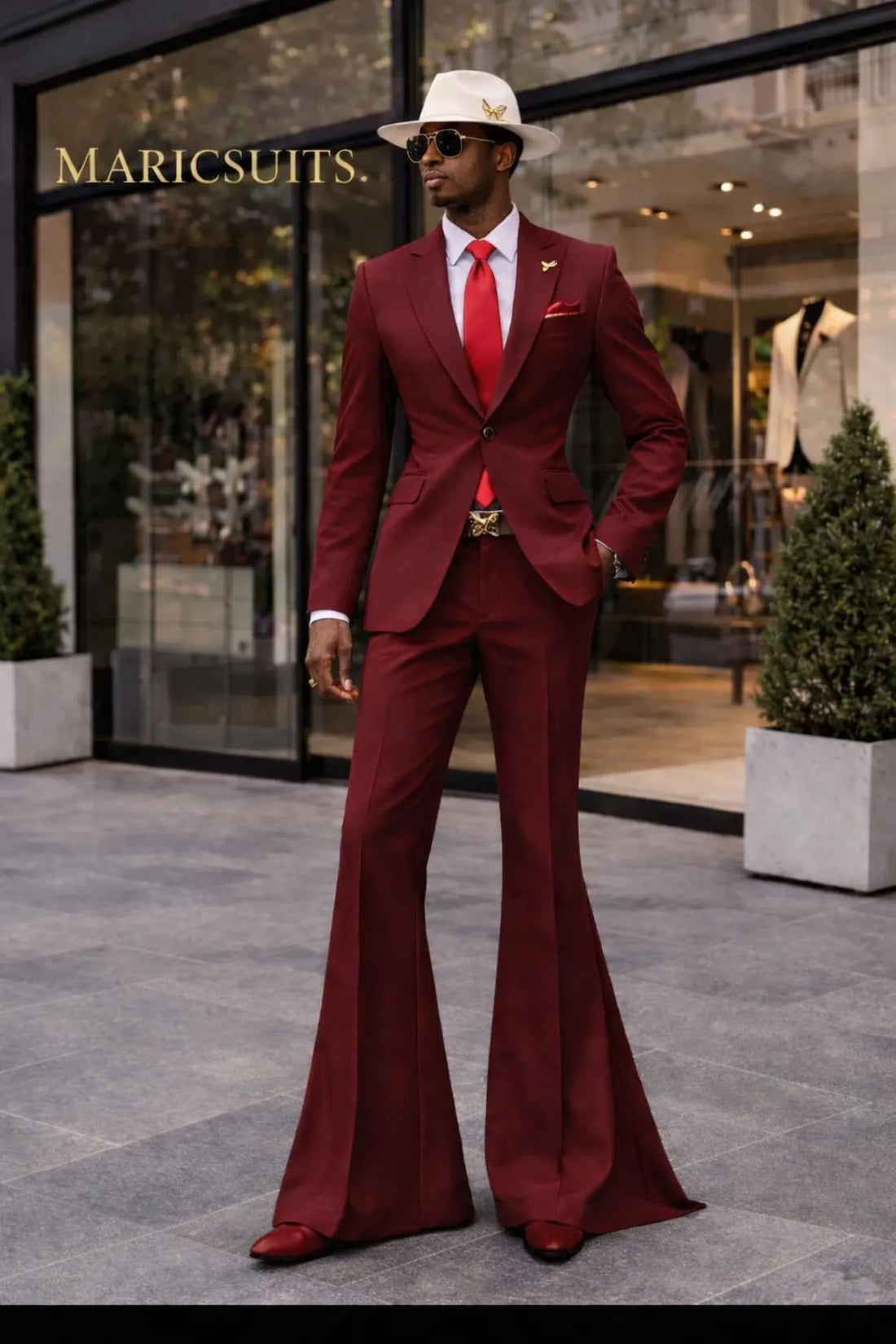 Burgundy Men's 3 Piece Suit – 70s Retro Wide Leg Flared Pants Wedding Prom Outfit