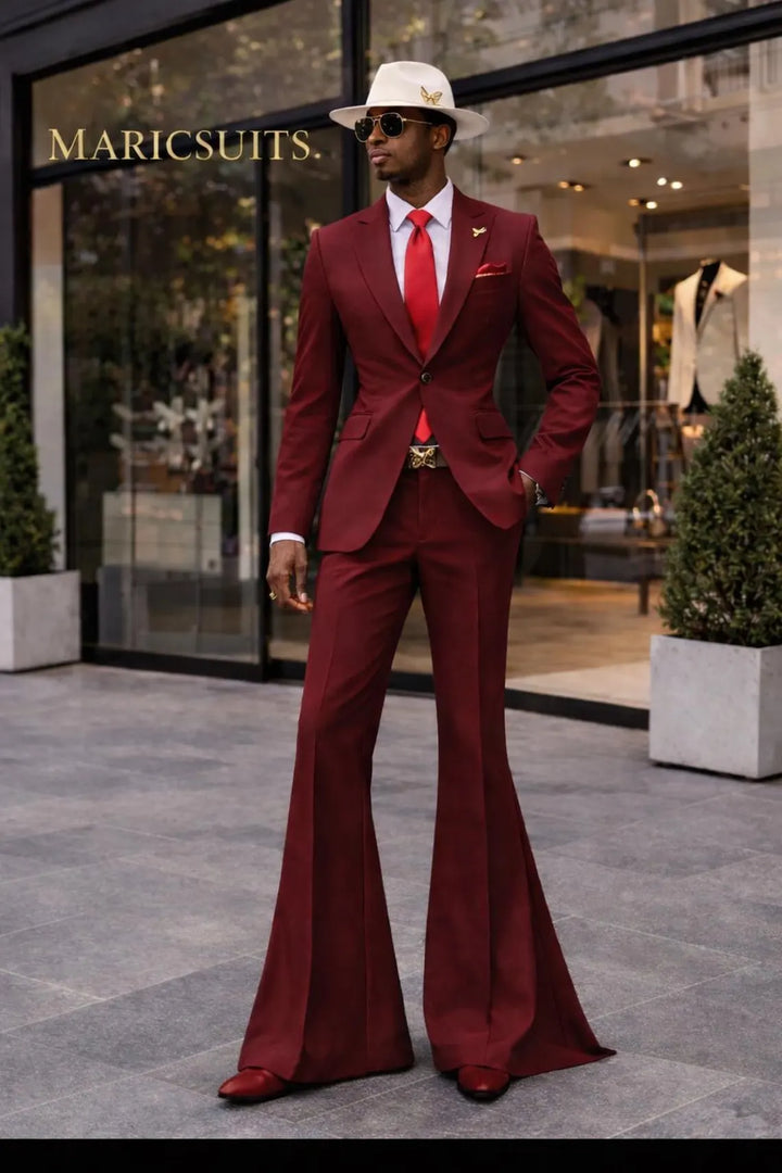 Burgundy Men's 3 Piece Suit – 70s Retro Wide Leg Flared Pants Wedding Prom Outfit