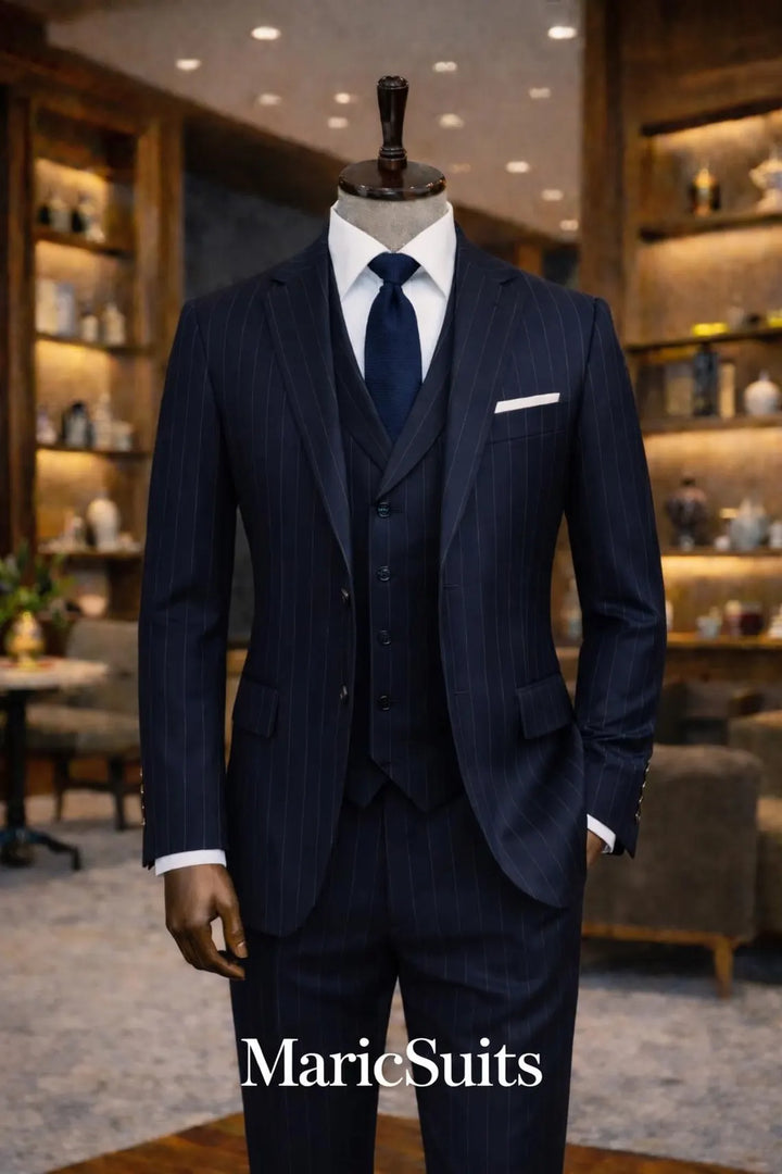 Men's Navy Pinstripe 3 Piece Suit, Custom Tailored Wedding Formal Wear