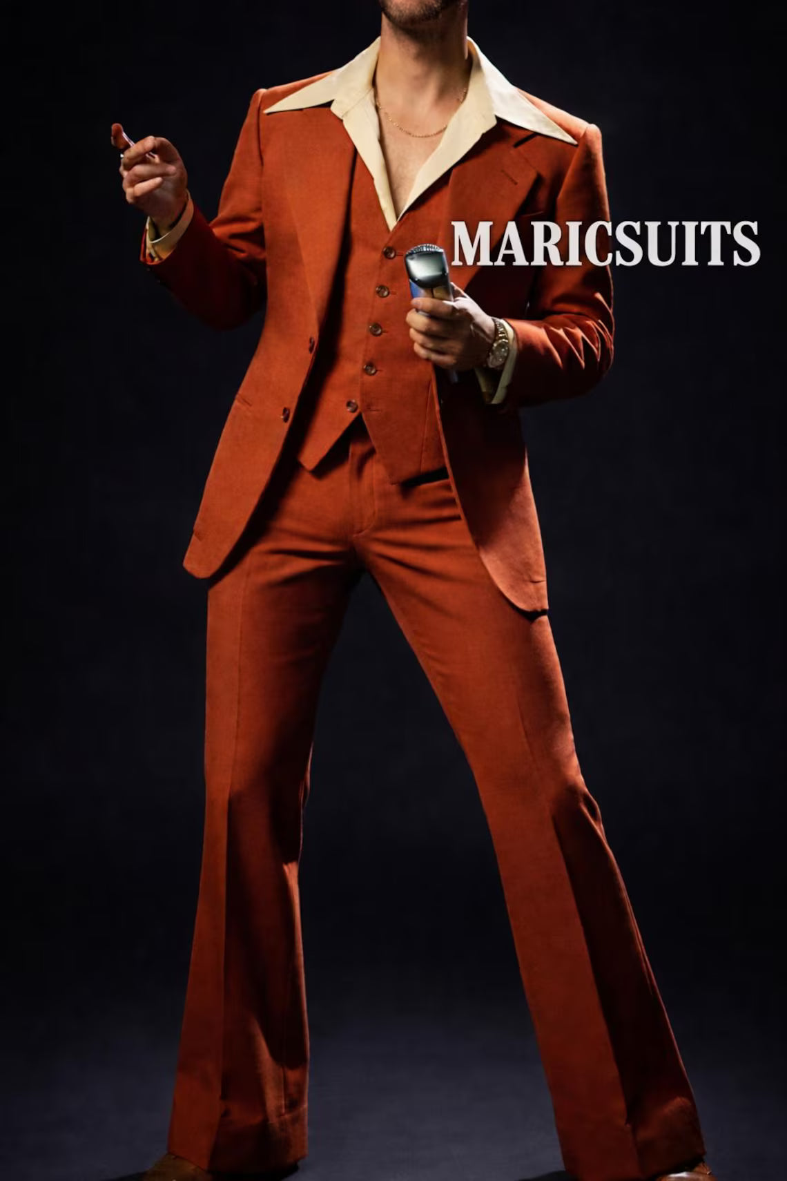 Rust Brown 70s Style 3 Piece Suit, Vintage Retro Groom Wedding Formal Wear