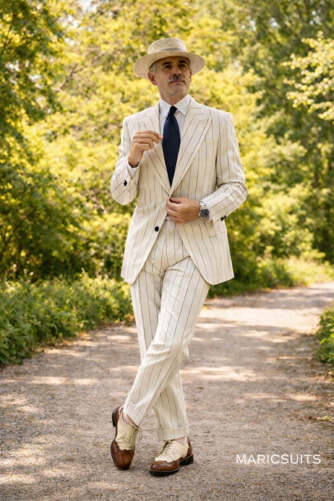 Men's White Pinstripe 3 Piece Suit, Vintage Style Gentleman Tailored Fit