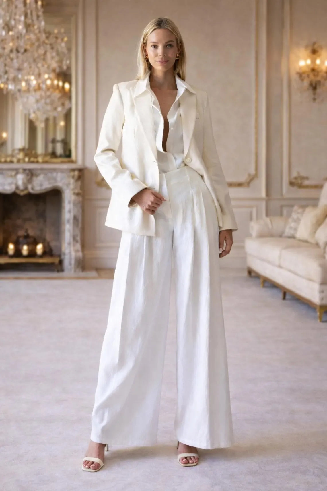 White Linen Pantsuit Women, Elegant Wide Leg Suit Set, Bridal Bridal By Maricsuits