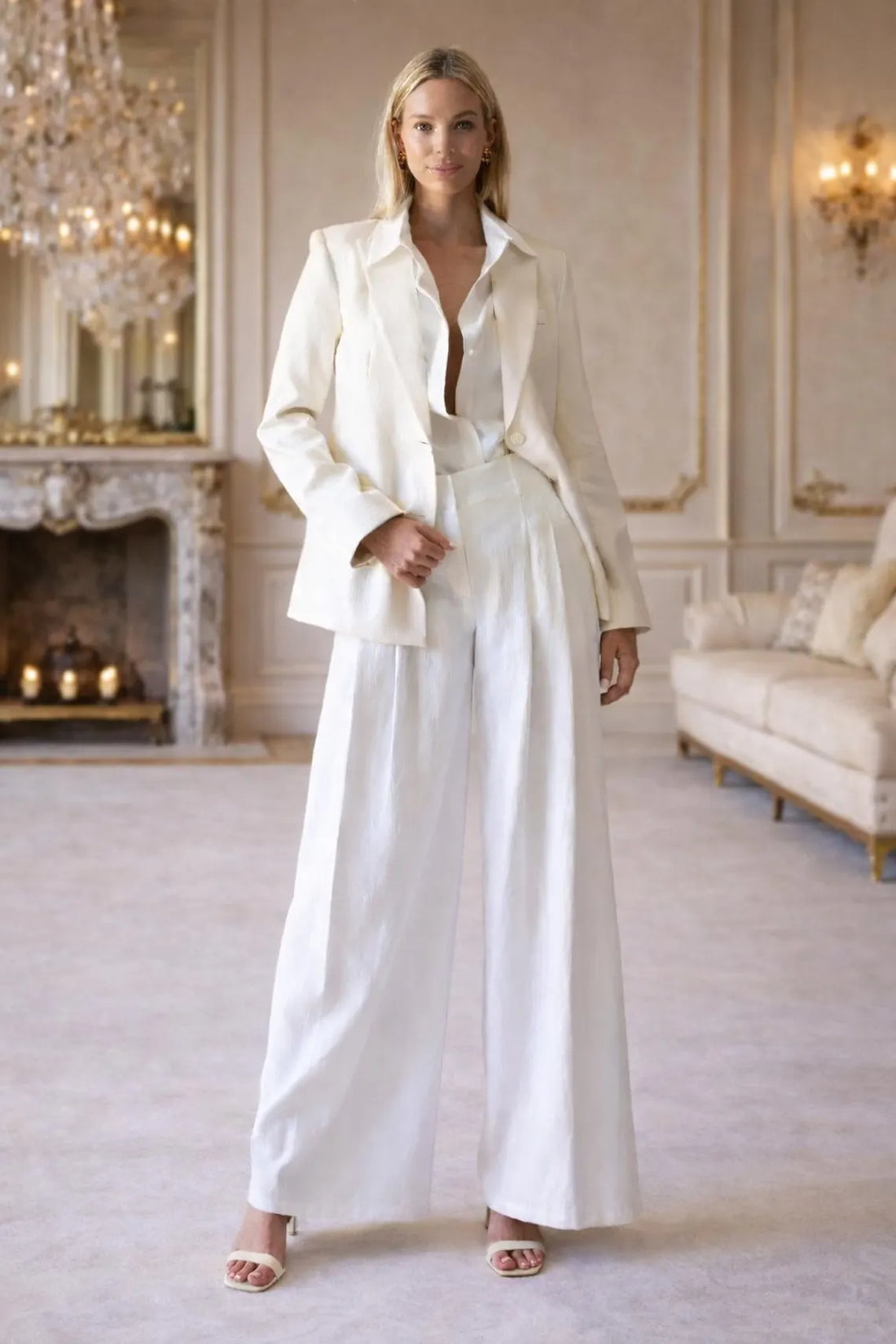 White Linen Pantsuit Women, Elegant Wide Leg Suit Set, Bridal Bridal By Maricsuits