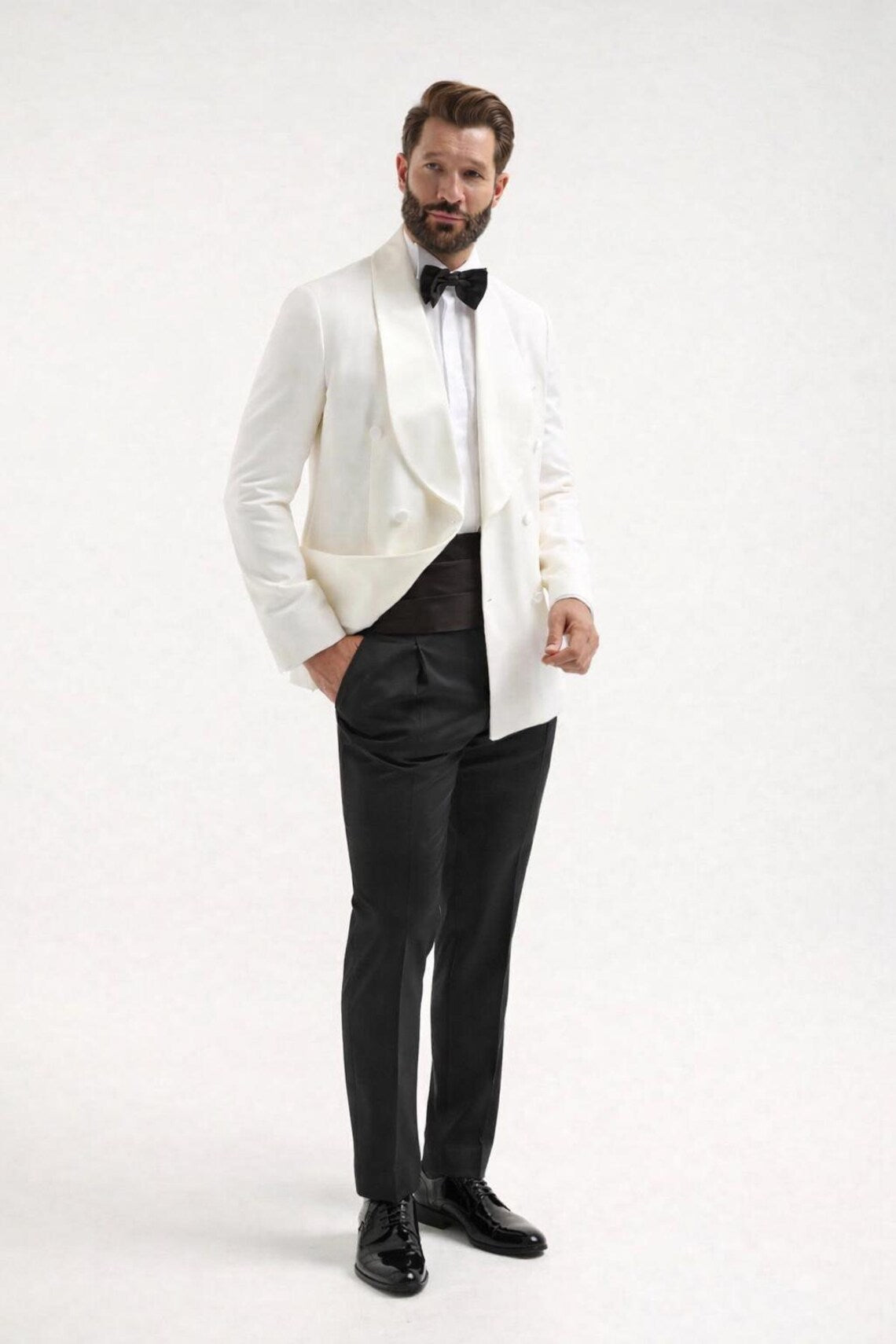 Men's White Tuxedo Suit: Double-Breasted Dinner Jacket, Black Trousers – Formal Wear