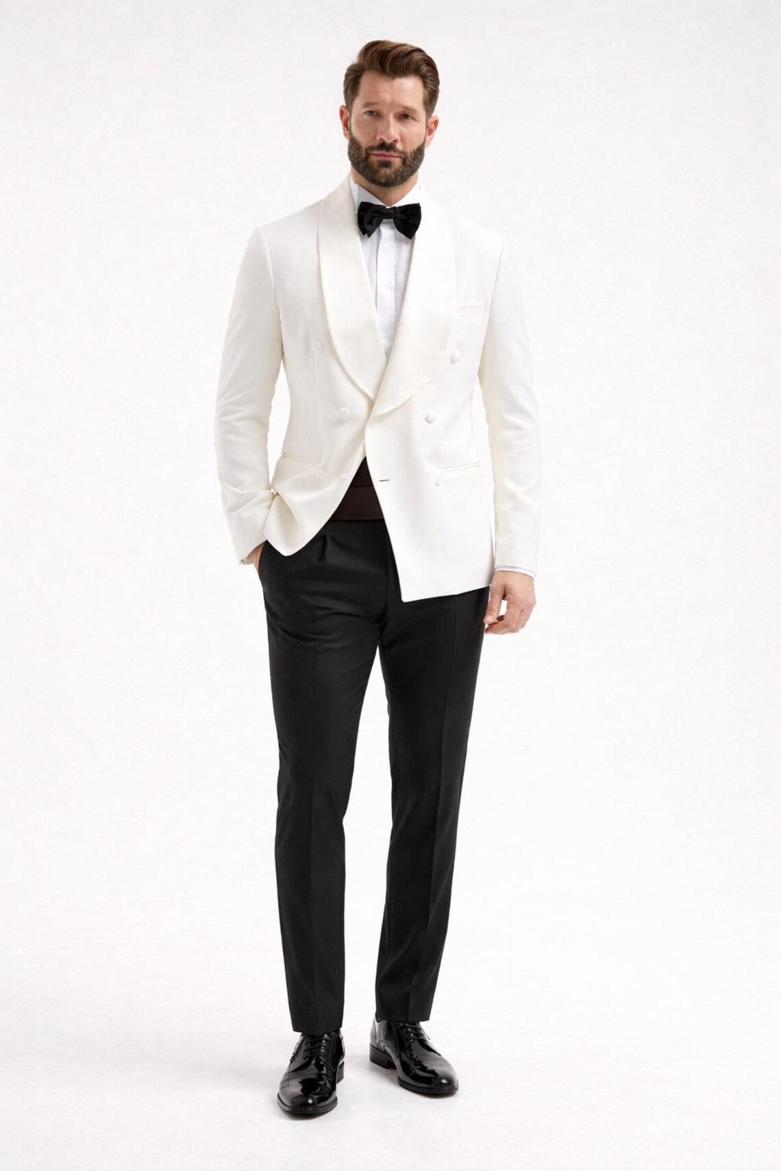 Men's White Tuxedo Suit: Double-Breasted Dinner Jacket, Black Trousers – Formal Wear
