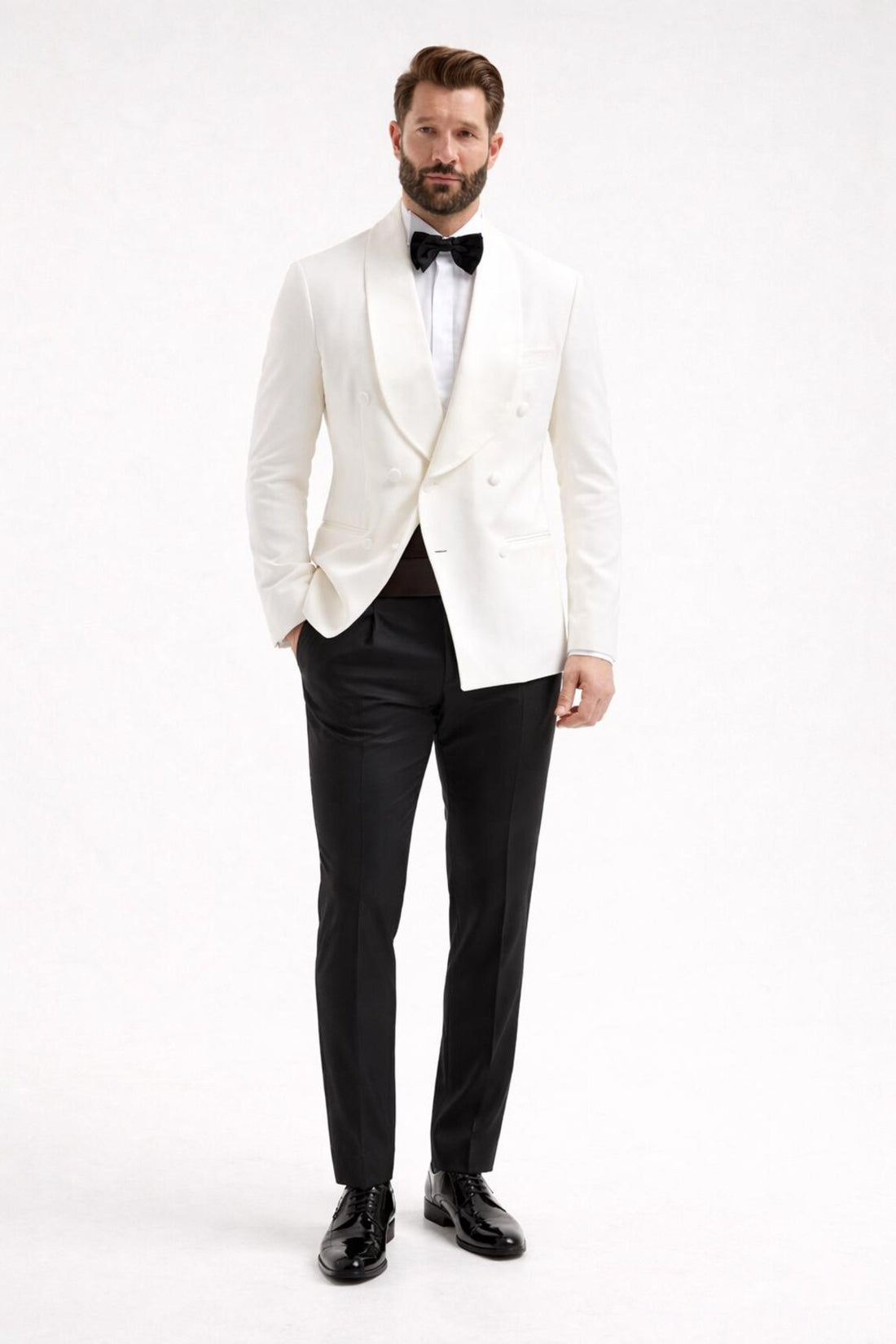 Men's White Tuxedo Suit: Double-Breasted Dinner Jacket, Black Trousers – Formal Wear