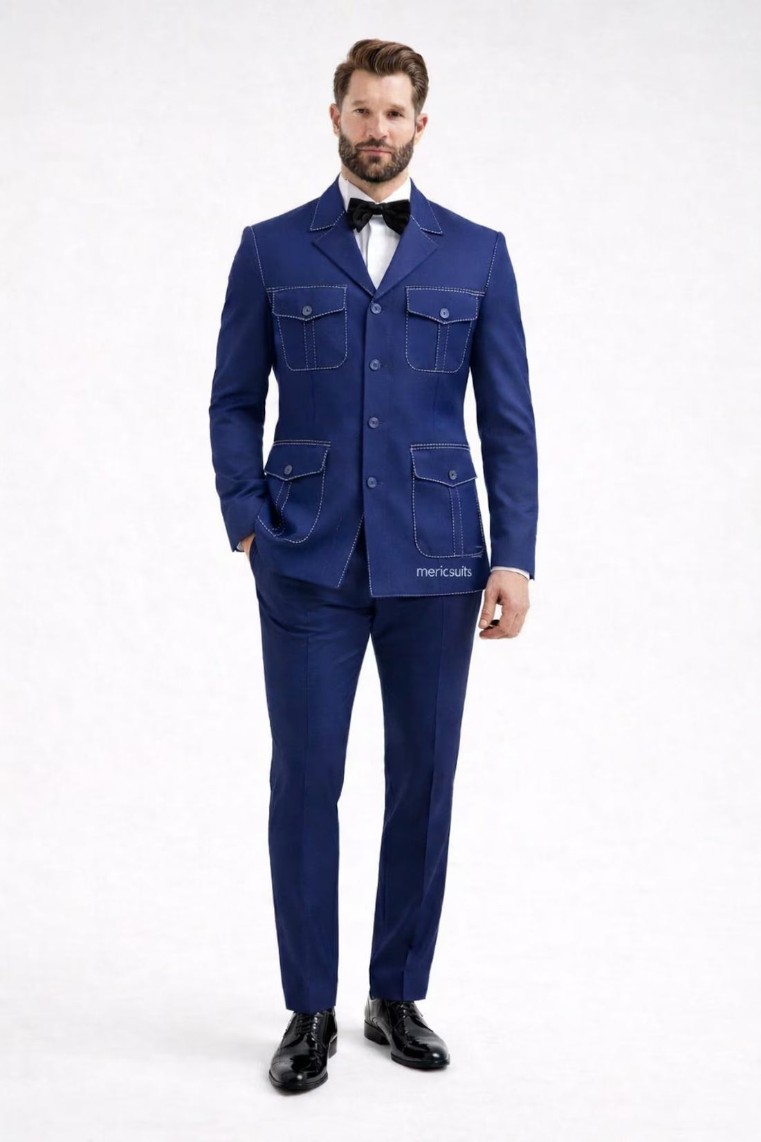 Navy Blue Safari Suit Men – Contrast Stitch Belted Jacket, Tailored Trousers