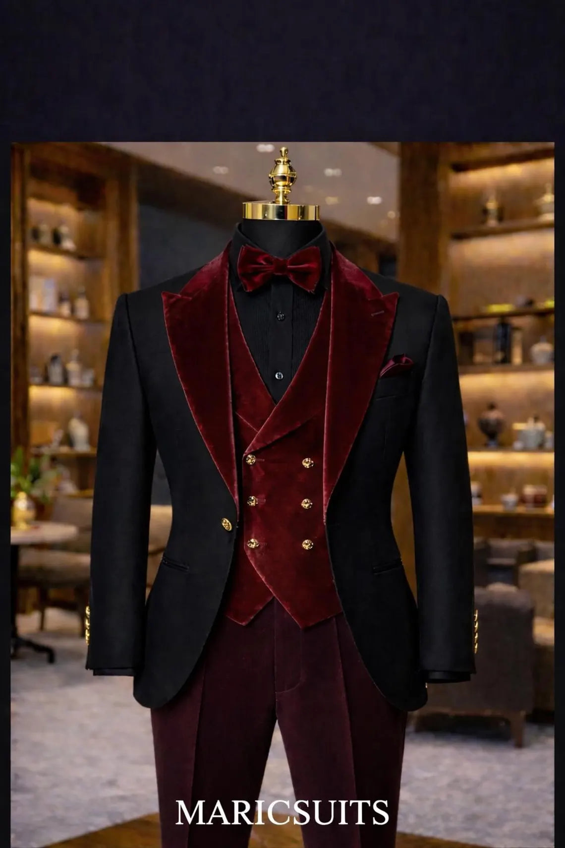 Men's Burgundy Velvet Tuxedo Suit, Black Red 3 Piece, Shawl Collar Waistcoat