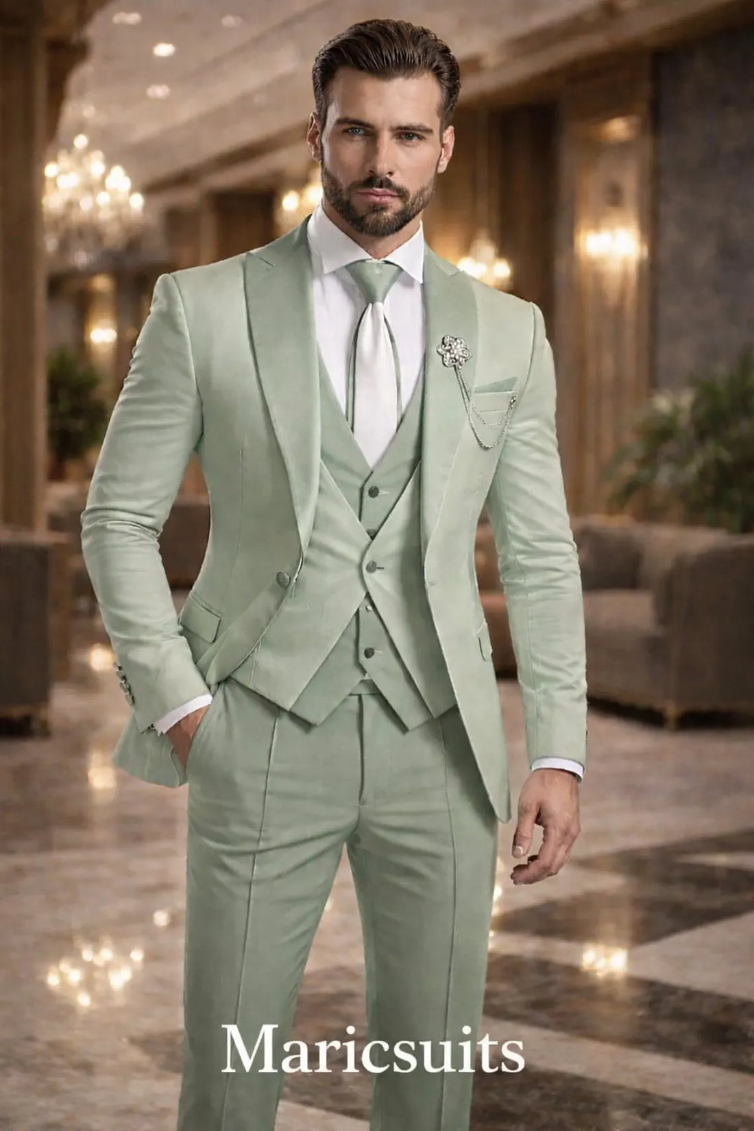 Maricsuits Mint Green 3 Piece Suit, Slim Fit Wedding Groom Tuxedo
