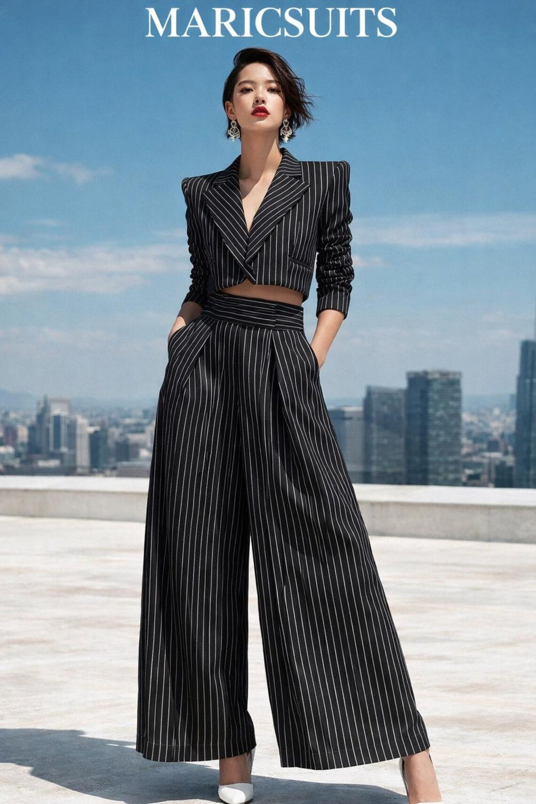 Black Pinstripe Cropped Blazer Wide Leg Pants Suit, Terry Rayon Two Piece Set