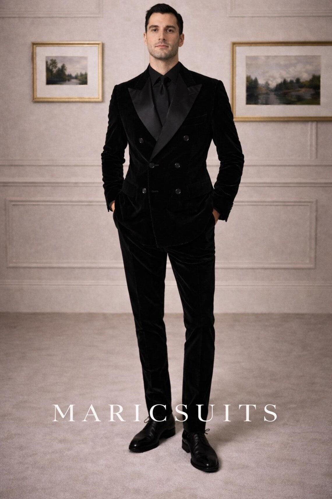 Black Velvet Double Breasted Tuxedo Suit, Slim Fit Formal Evening Wear