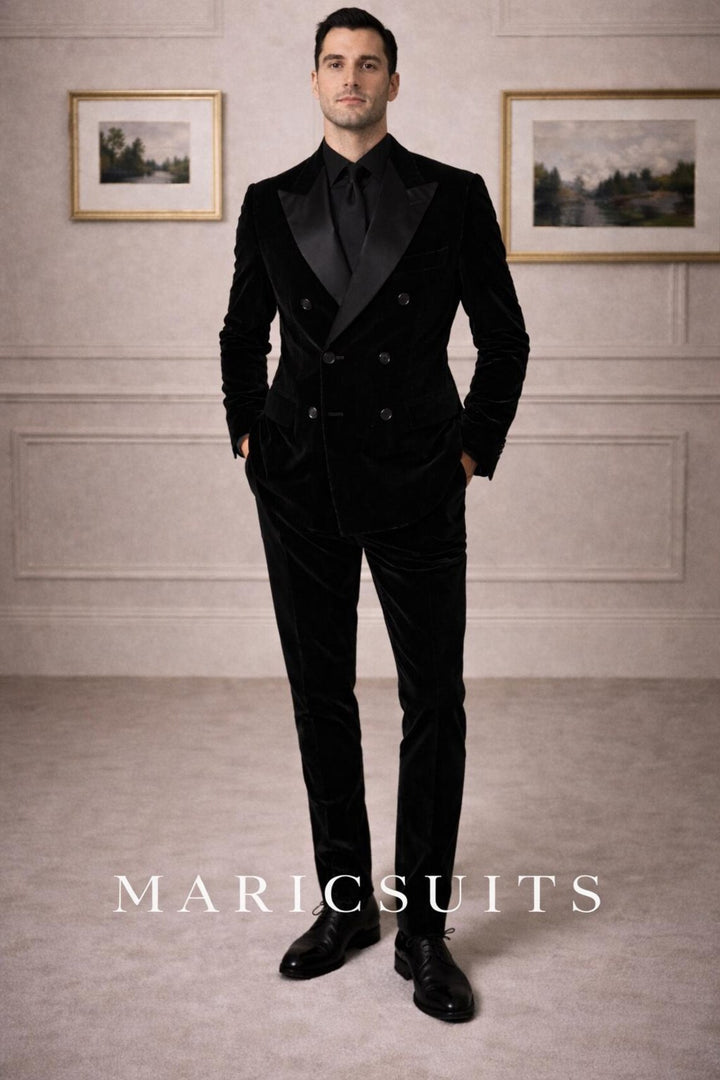 Black Velvet Double Breasted Tuxedo Suit, Slim Fit Formal Evening Wear