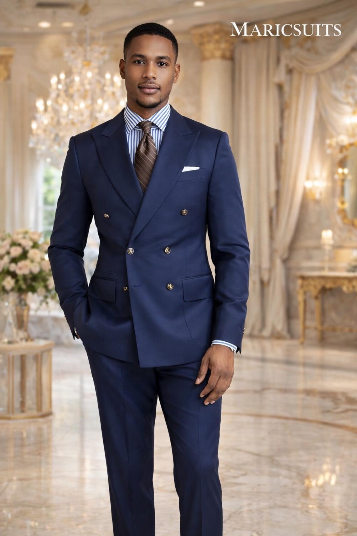 Maricsuits Navy Blue Double Breasted Suit, Slim Fit Wedding Groom Formal Wear
