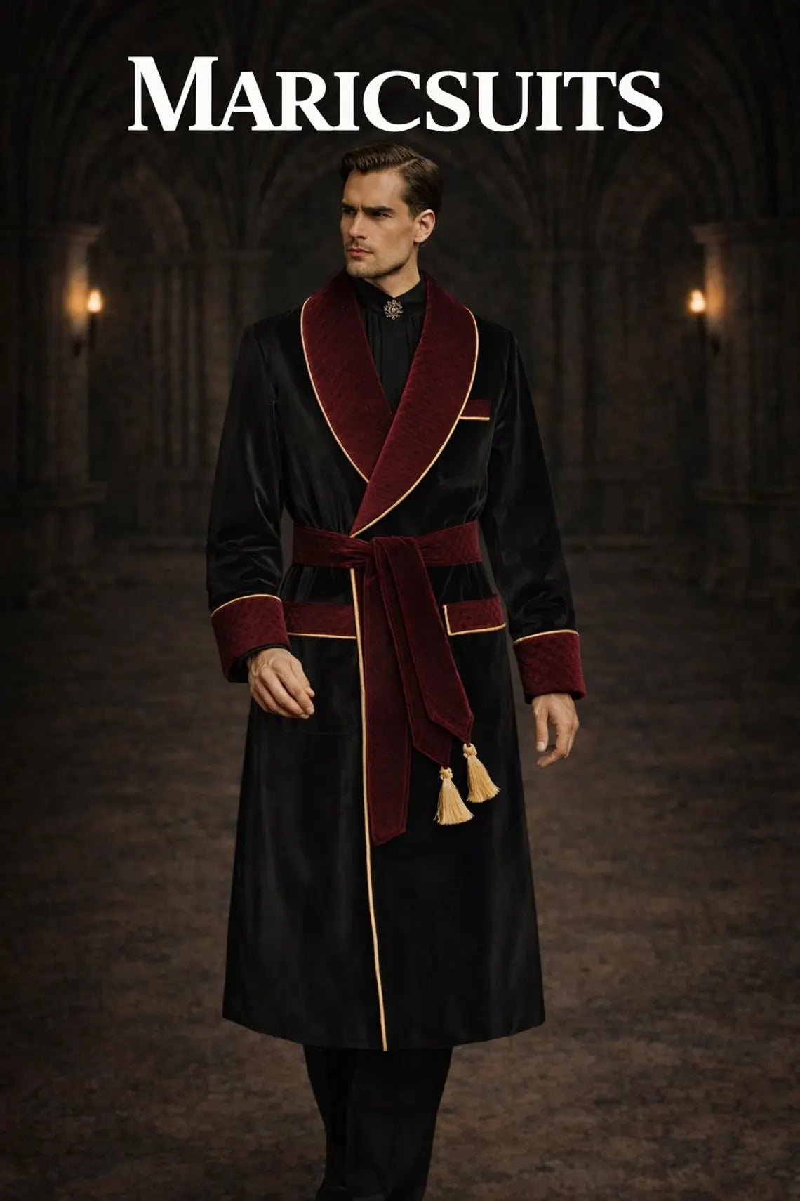 Mens Black Velvet Robe Coat, Burgundy Quilted Lapel Smoking Jacket, Royal Designer Evening CoatBy Maricsuits