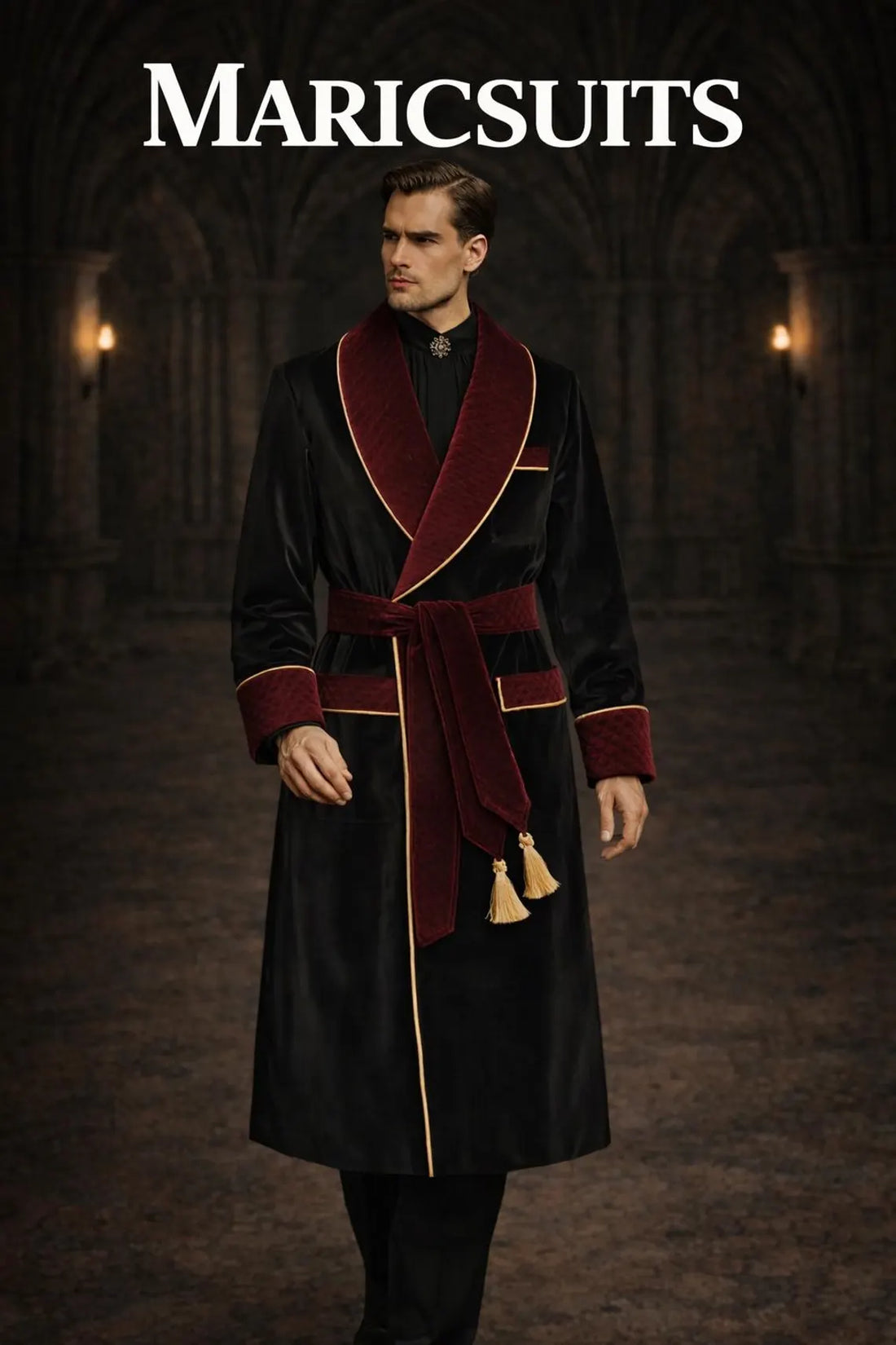 Mens Black Velvet Robe Coat, Burgundy Quilted Lapel Smoking Jacket, Royal Designer Evening CoatBy Maricsuits