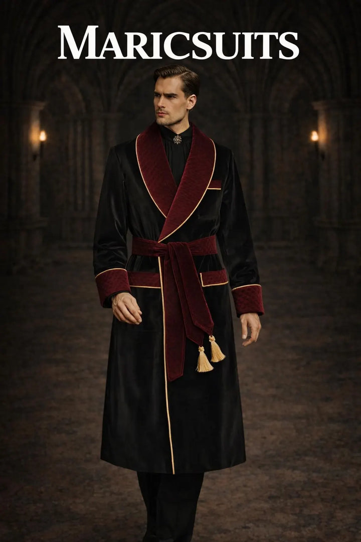 Mens Black Velvet Robe Coat, Burgundy Quilted Lapel Smoking Jacket, Royal Designer Evening CoatBy Maricsuits