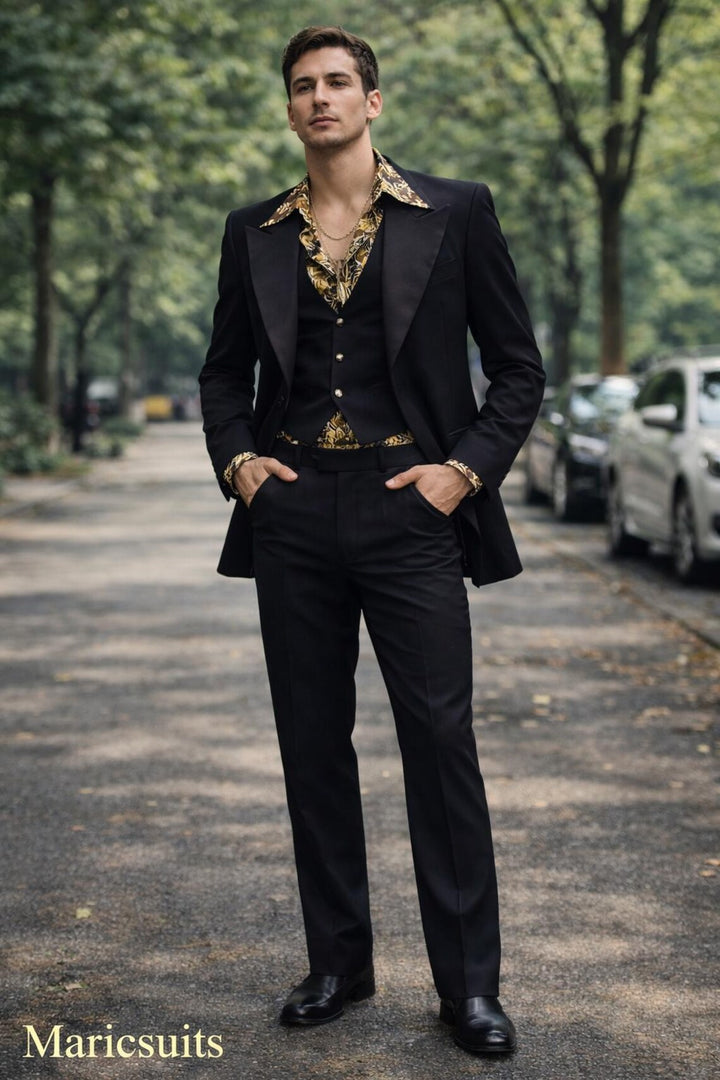 Black Vintage Wide Lapel 3 Piece Suit for Men, Wedding Groom Prom Luxury Outfit