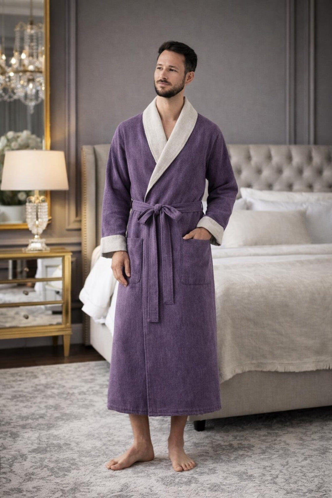 Men's Purple Linen Bathrobe, Shawl Collar Spa Dressing Gown, Maricsuits
