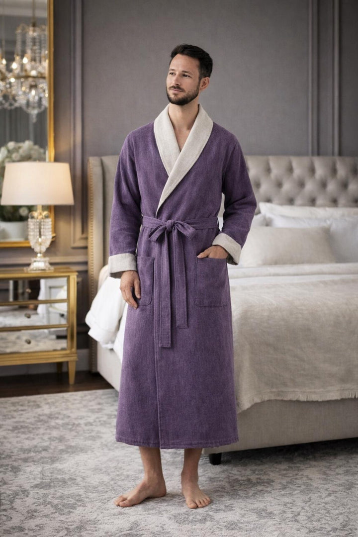 Men's Purple Linen Bathrobe, Shawl Collar Spa Dressing Gown, Maricsuits