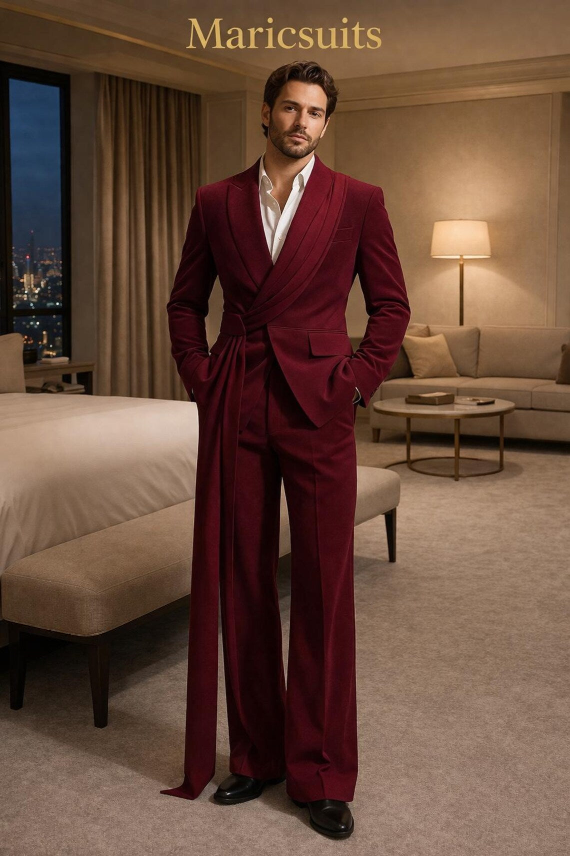 Men's Burgundy Wrap Blazer Suit | Designer Formal Evening Wear By Maricsuits