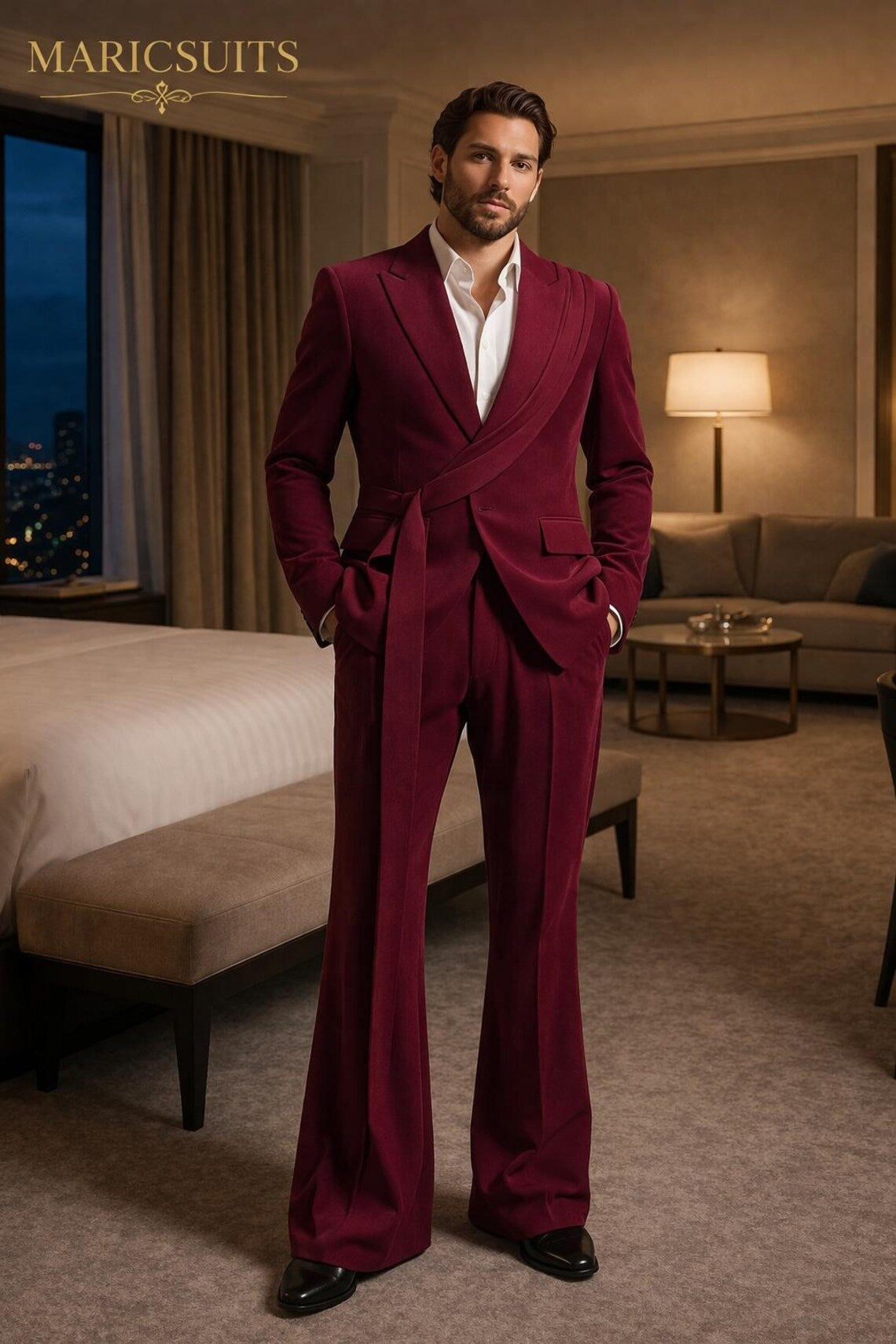 Men's Burgundy Wrap Blazer Suit | Designer Formal Evening Wear By Maricsuits