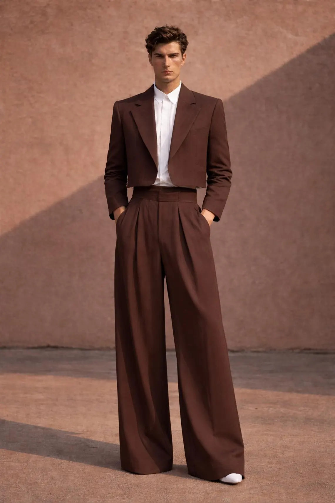 Mens Chocolate Brown Suit Cropped Blazer High Waist Pleated Pants Retro Tailored SuitBy Maricsuits