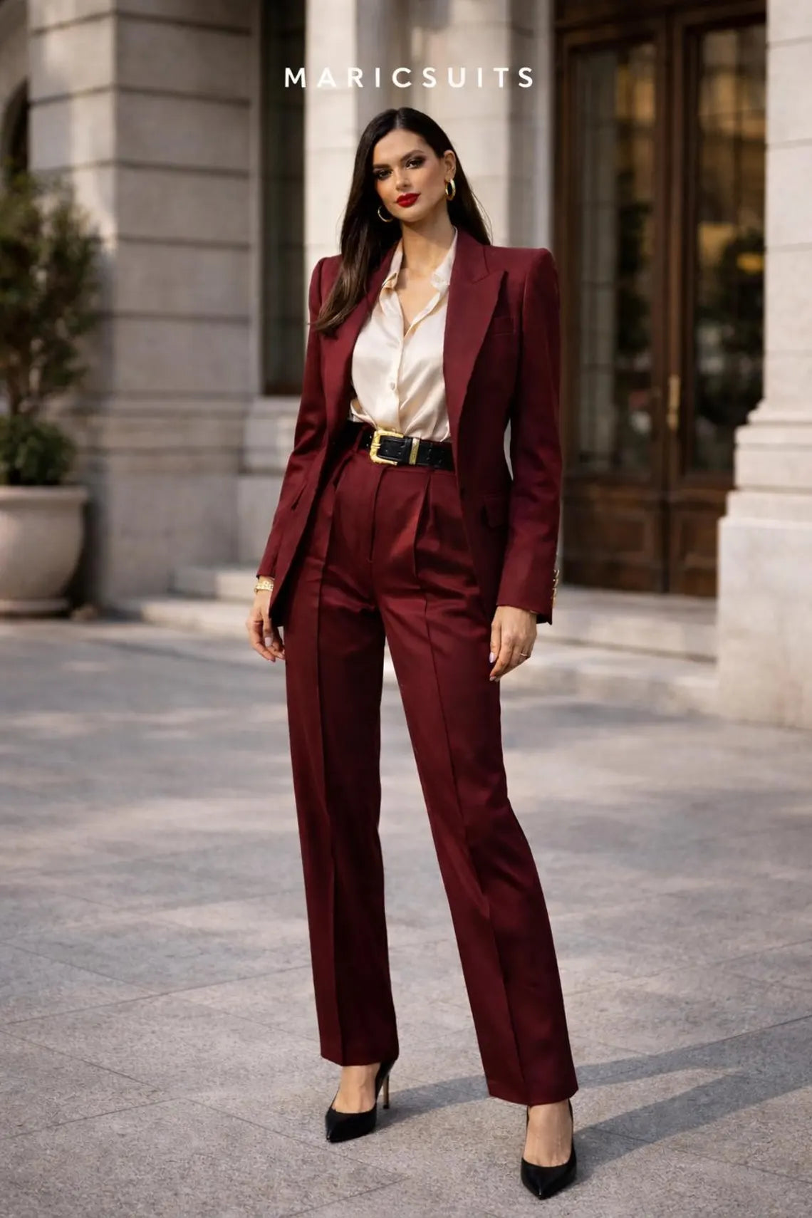 Burgundy Women Pantsuit Set Formal Blazer Trouser Suit Elegant Office Wear Maricsuits