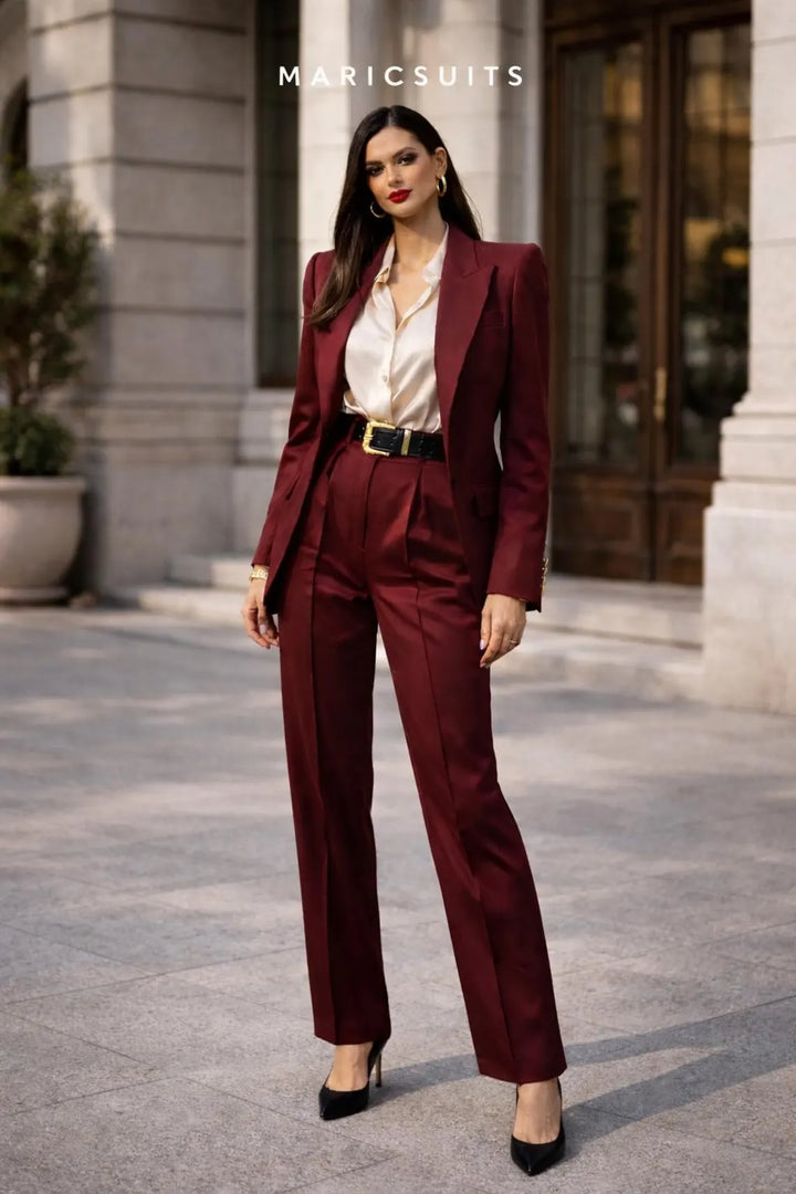 Burgundy Women Pantsuit Set Formal Blazer Trouser Suit Elegant Office Wear Maricsuits