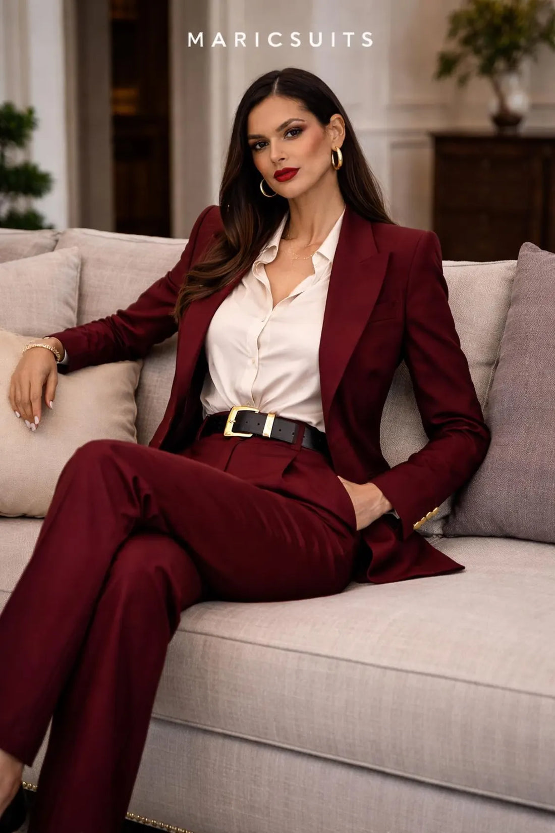 Burgundy Women Pantsuit Set Formal Blazer Trouser Suit Elegant Office Wear Maricsuits