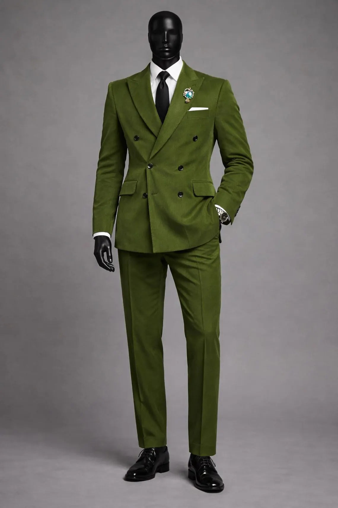 Men's Olive Green Double Breasted Suit, Slim Fit Wedding Groom Outfit