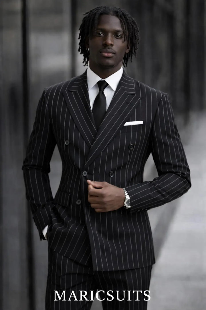 Black Pinstripe Double Breasted Suit – Luxury Formal Wedding Wear