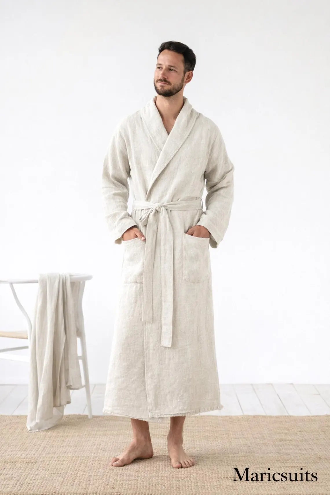 Men's Pure Linen Bathrobe – Lightweight Relaxed Fit Spa Loungewear