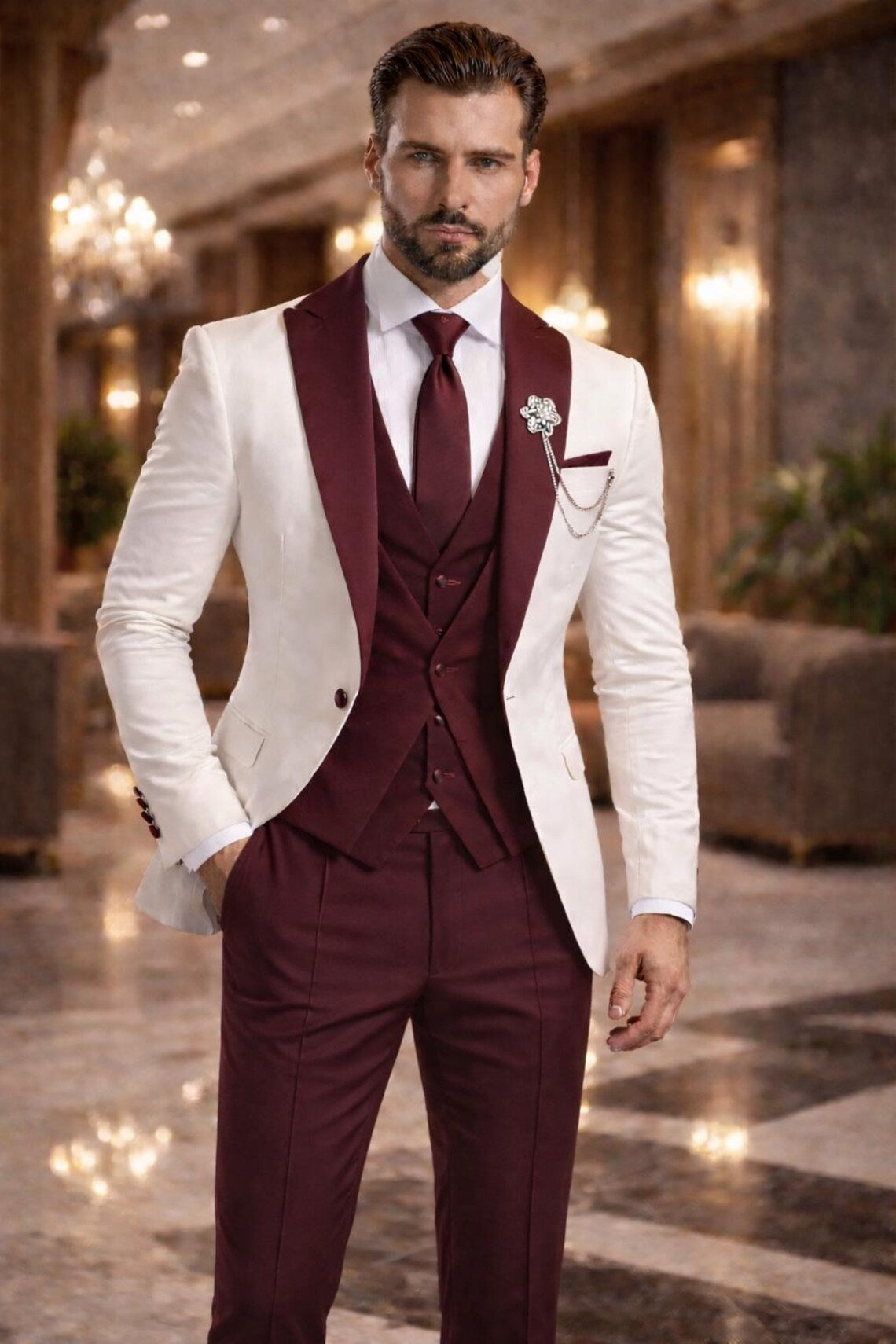 Burgundy White 3-Piece Suit, Slim Fit Wedding Groom Prom Outfit