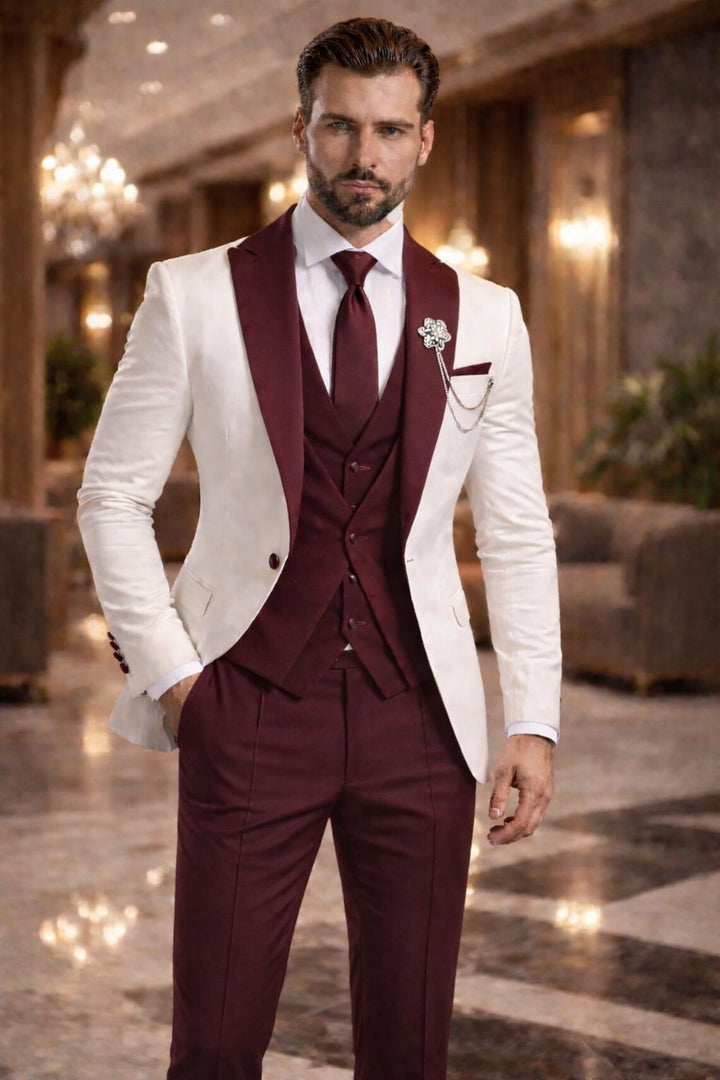 Burgundy White 3-Piece Suit, Slim Fit Wedding Groom Prom Outfit