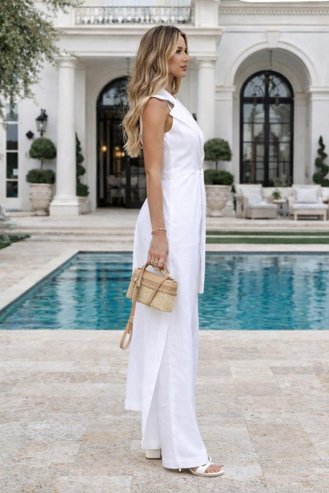 White Linen Two Piece Set Women, Sleeveless Blazer Wide Leg Pants Suit
